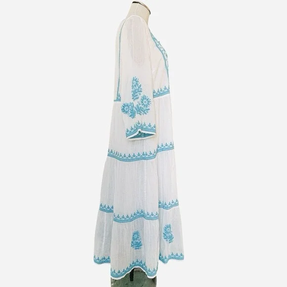 Soft Surroundings Gauzey Juniper Dress Blue White Embroidered Sz Medium Cotton - Picture 9 of 16